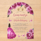 Invitations En Acrylique Fuchsia rose Rose aquarelle Quinceañera (Recto)