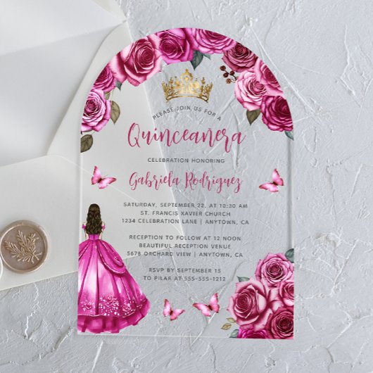 Invitations En Acrylique Fuchsia rose Rose aquarelle Quinceañera