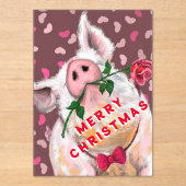 Invitations En Acrylique Funny Christmas Card Gentleman Pig with Rose (Recto)