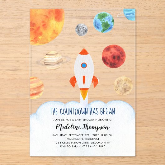 Invitations En Acrylique Galaxie moderne Planètes Space Rocket Baby shower (Recto)