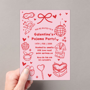 Invitations En Acrylique Galentine’s Pyjama, Saint-Valentin de Nuit Dessiné