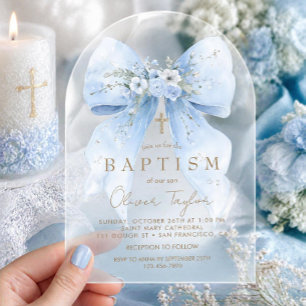 Invitations En Acrylique Garçon baptême nœud floral bleu
