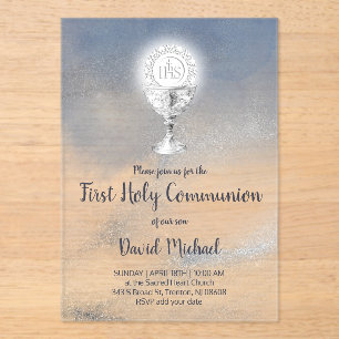 Invitations En Acrylique garçon catholique première communion aquarelle mar