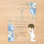 Invitations En Acrylique Garçon priant première communion Sainte Dusty bleu (Recto)