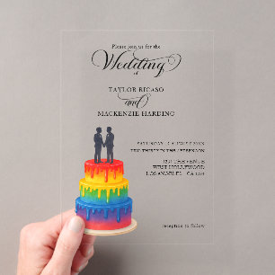 Invitations En Acrylique Gâteau arc-en-ciel et mariage gay avec écriture él