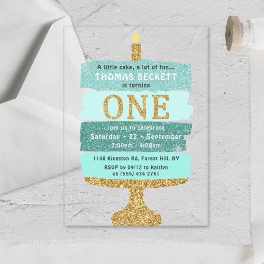 Invitations En Acrylique Gâteau de Parties scintillant Mint & Gold 1er anni