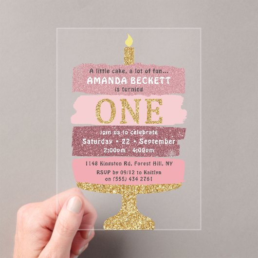Invitations En Acrylique Gâteau Parties scintillant rose et or 1er annivers (In situ (ordinateur de poche))