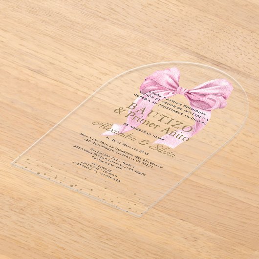 Invitations En Acrylique Gemelas Hijas Lazo Rosa Primer Añito Bautizo (Poser)