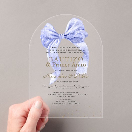 Invitations En Acrylique Gemelos Hijos Primer Bleu Bow Añito Bautizo (In situ (ordinateur de poche))