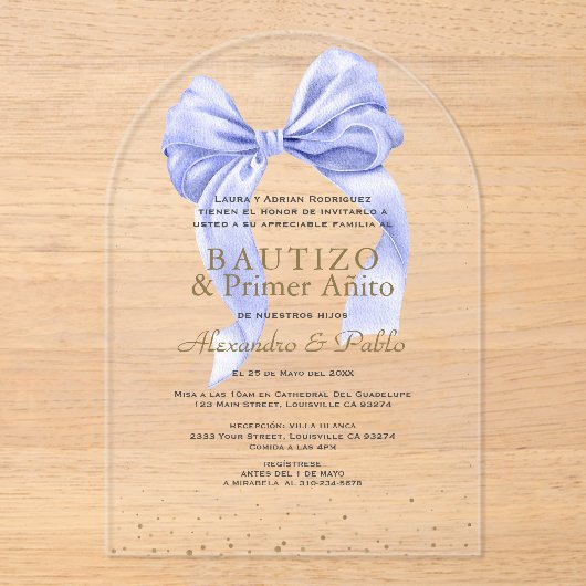 Invitations En Acrylique Gemelos Hijos Primer Bleu Bow Añito Bautizo (Recto)