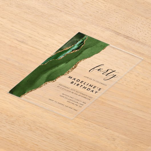 Invitations En Acrylique Géode d'âge minimal vert or 40e anniversaire (Poser)