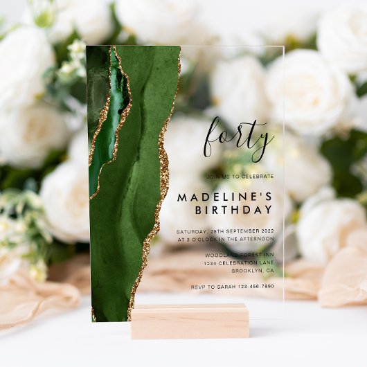 Invitations En Acrylique Géode d'âge minimal vert or 40e anniversaire