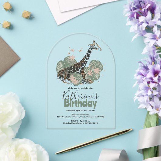 Invitations En Acrylique Giraffe Botanique Verdure Animal fête d'anniversai (Insitu (Mariage))