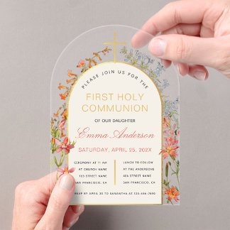 Invitations En Acrylique Girl First Communion Gold Arch Wildflowers Floral 