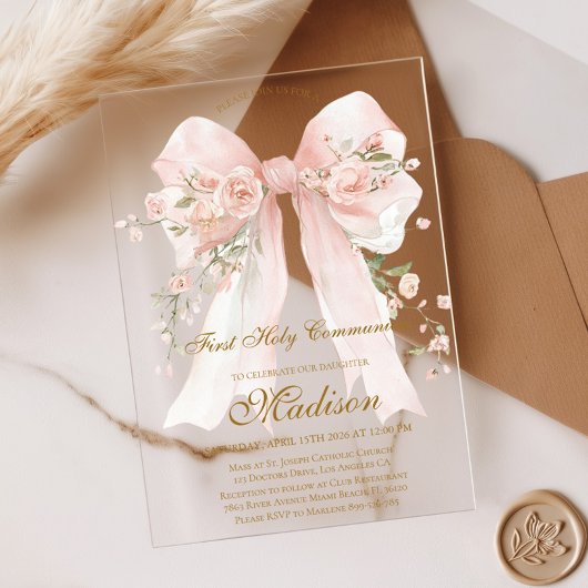 Invitations En Acrylique Girl Floral Bow First Holy Communion