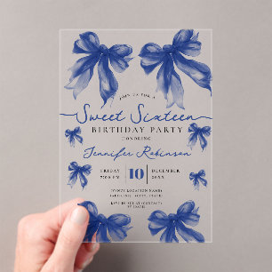 Invitations En Acrylique Girly Coquette Bow Sweet 16 Anniversaire Bleu Nuit