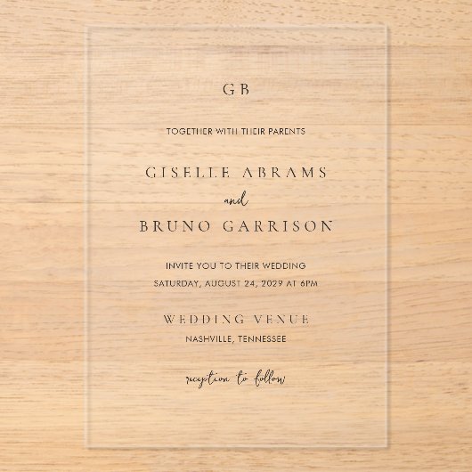 Invitations En Acrylique Giselle Classic Monogramme Mariage élégant (Recto)