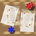 Invitations En Acrylique Glam Casino Nuit Las Vegas Mariage Transparent<br><div class="desc">Ces invitations acryliques de qualité supérieure (deux finitions à sélectionner : Clear ou Frosted) sont parfaites pour créer des impressions durables. Casino Las Vegas carte thème design. Il présente un cadre en faux or vintage, style hollywoodien des années 20, jouant des costumes de cartes, sur un arrière - plan transparent....</div>