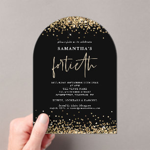 Invitations En Acrylique Glam Gold Glitter Quarantième Fête Noir