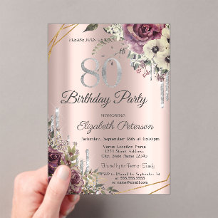Invitations En Acrylique Glitter Drips Rose Gold Floral 80e Anniversaire