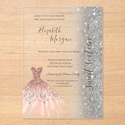 Invitations En Acrylique Glitter Glitter Dress Rose Gold Sweet 16 (Recto)