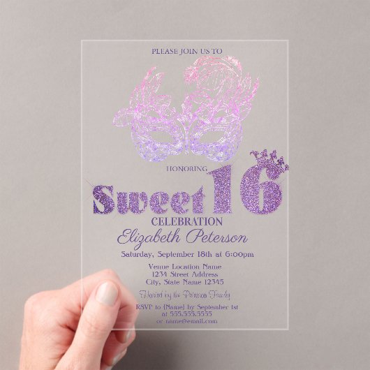 Invitations En Acrylique Glitter Mask Violet  Sweet 16 (In situ (ordinateur de poche))
