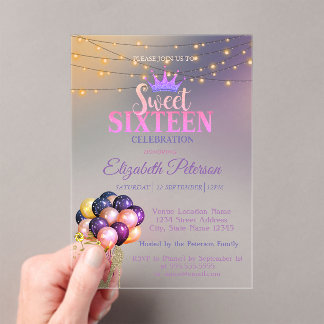 Invitations En Acrylique Glitter Tiara,Coctail, Silver Sweet 16 Party