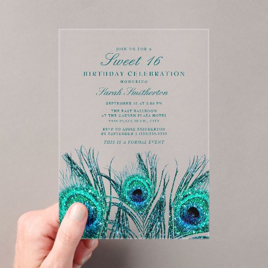 Invitations En Acrylique Glitterie Turquoise Peacock Feathers Sweet 16 (In situ (ordinateur de poche))