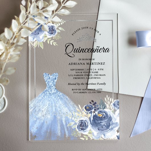 Invitations En Acrylique Gobelet brillant bleu doux Roses argent Quinceaner