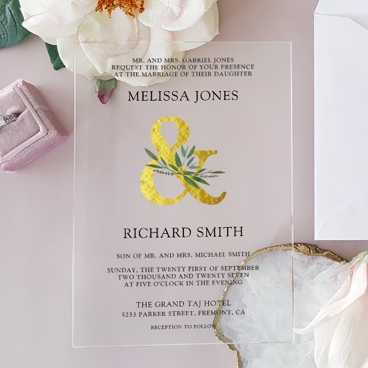 Invitations En Acrylique Gold Ampersand Olive Branch Wedding