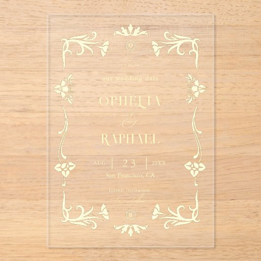 Invitations En Acrylique Gold Art Nouveau Mariage transparent Enregistrer l (Recto)