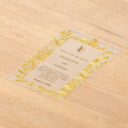 Invitations En Acrylique Gold botanical monogram clear luxury wedding (Poser)