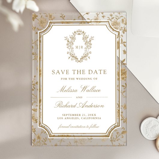 Invitations En Acrylique Gold Chinoiserie Crest Wedding Save the Date