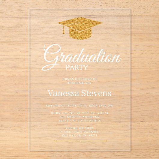 Invitations En Acrylique Gold Classic Graduation Cap Party (Recto)