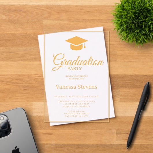 Invitations En Acrylique Gold Classic Graduation Cap Party (Insitu (Carte d'invitation))