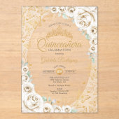 Invitations En Acrylique Gold Cream Floral Quinceanera (Recto)