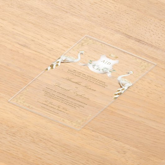 Invitations En Acrylique Gold Crest Royal Indian White Peacock Mariage (Poser)