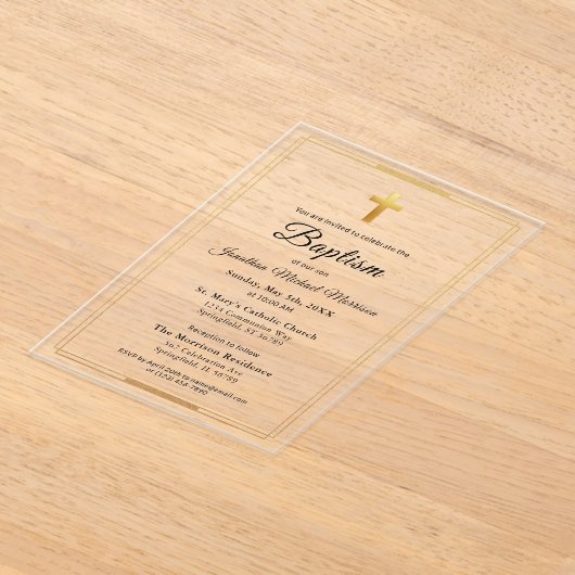 Invitations En Acrylique Gold Cross Modern Script Minimal Élégant Baptême (Poser)