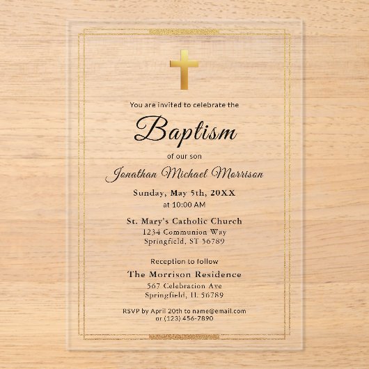 Invitations En Acrylique Gold Cross Modern Script Minimal Élégant Baptême (Recto)