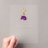 Invitations En Acrylique Gold Cross Purple Floral Gold Texte Première Commu (In situ (ordinateur de poche))