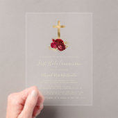 Invitations En Acrylique Gold Cross Rouge Floral Gold Texte Première commun (In situ (ordinateur de poche))