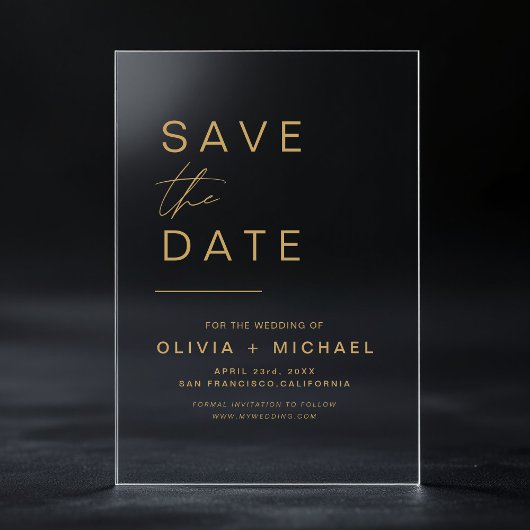 Invitations En Acrylique Gold Enregistrer la date Élégant script minimalist