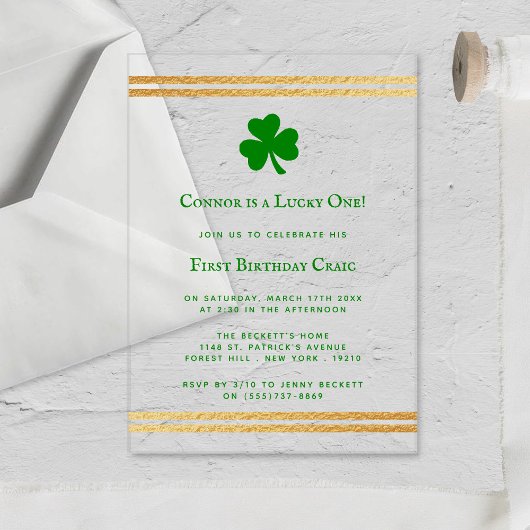 Invitations En Acrylique Gold Foil St. Patrick's Day 1er anniversaire