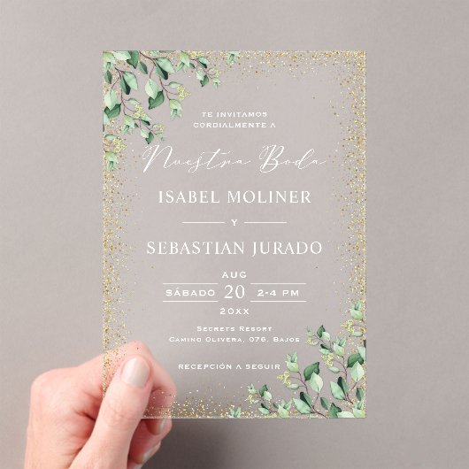Invitations En Acrylique Gold Frame Green Nuestra Boda Mariage espagnol (In situ (ordinateur de poche))