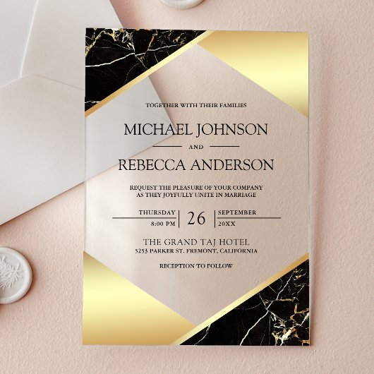 Invitations En Acrylique Gold Geometric Black Marble Wedding