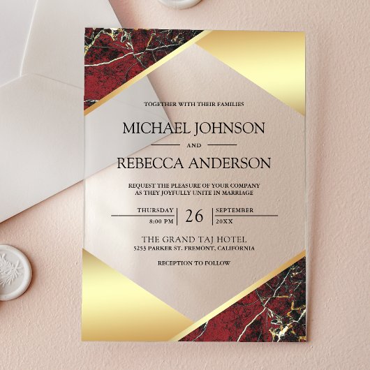 Invitations En Acrylique Gold Geometric Burgundy Marble Wedding