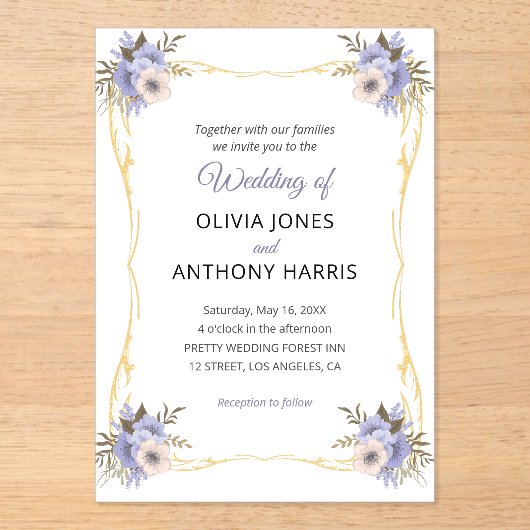 Invitations En Acrylique Gold Geometric Rustic Purple Floral Wedding  (Recto)