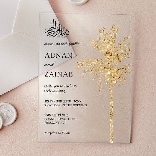 Invitations En Acrylique Gold Glitter Date Palm Muslim Wedding