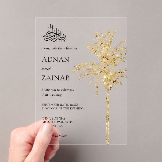 Invitations En Acrylique Gold Glitter Date Palm Muslim Wedding (In situ (ordinateur de poche))