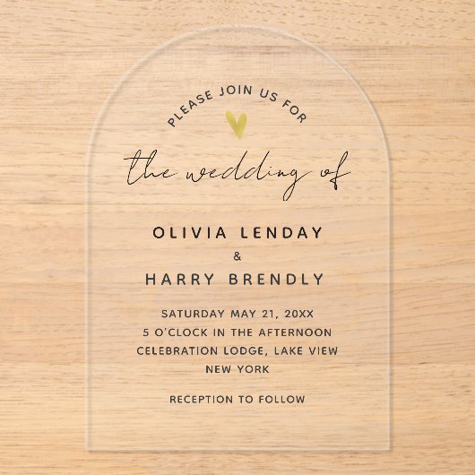 Invitations En Acrylique Gold Heart Élégant Mariage de script moderne (Recto)